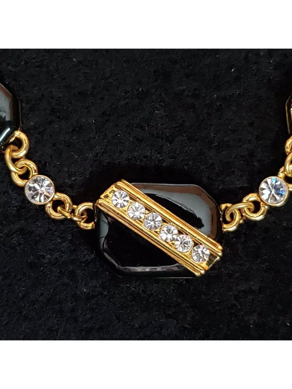 Vintage Monet Choker Necklace Rhinestone Gold Tone Black Enamel 15-16"